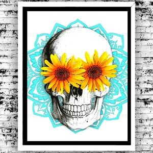 Art Print Happy Bright Sunflower Skull Turquoise Mandala Wall Decor